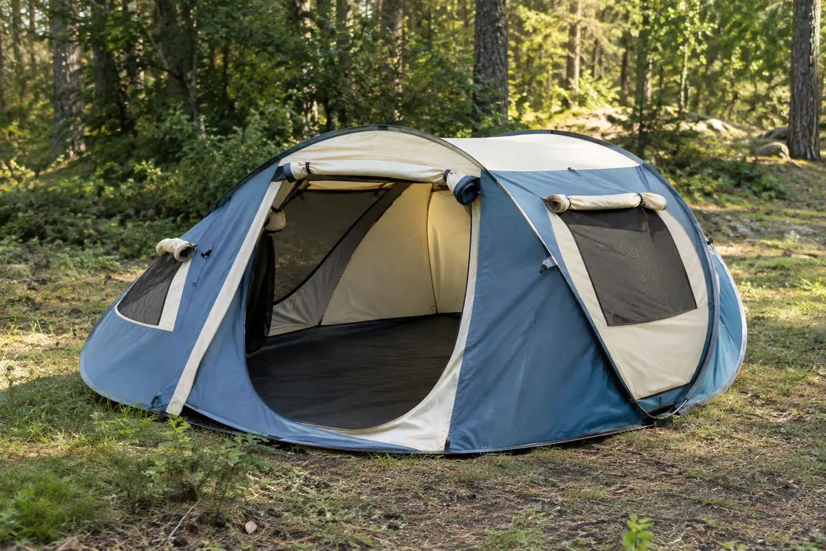 Tente pop-up CampFeuer bleu et crème installée dans une clairière, avec grande entrée et fenêtres latérales.