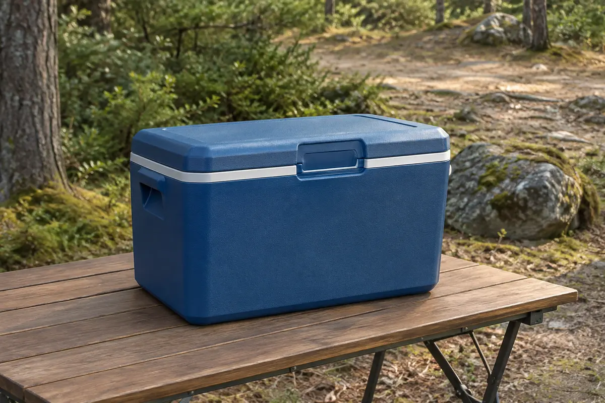 Glacière de camping bleue à couvercle fermé, posée sur une table dans une clairière
