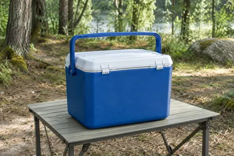 Glacière rigide bleue Campingaz avec poignée à étrier, posée sur une table dans une clairière de camping.