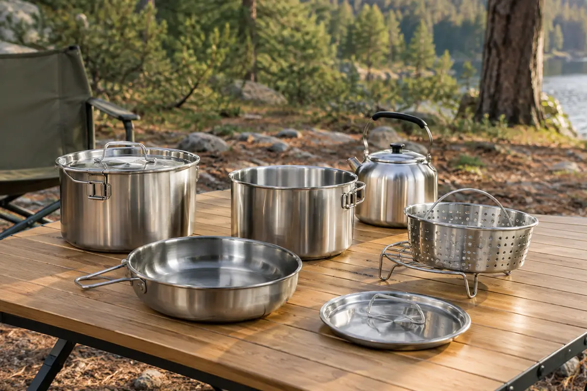 Batterie de cuisine de camping en inox empilable avec casseroles, poêle et panier vapeur