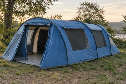 Grande tente tunnel familiale bleue installée dans une clairière, avec plusieurs ouvertures équipées de moustiquaires