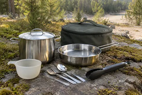 Popote de camping en inox avec faitout, poêle, quart, couverts, pince preneuse et housse.