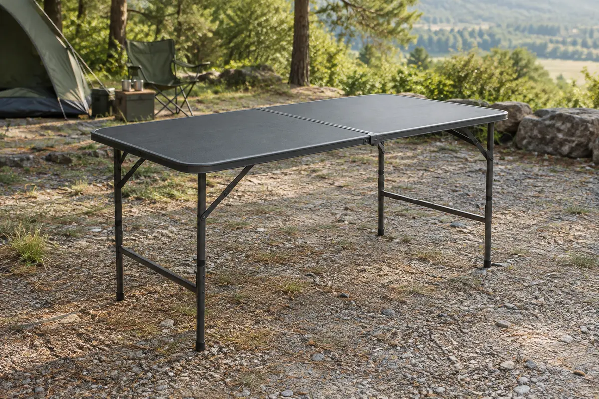 Table de camping pliante anthracite en PEHD installée dans une clairière, avec sa structure en acier