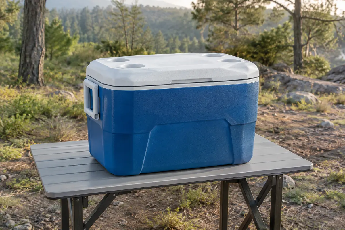 Glacière rigide bleue Coleman posée sur une table de camping dans une clairière lumineuse.