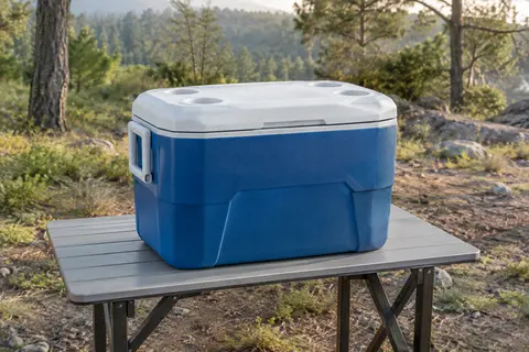 Glacière rigide bleue Coleman posée sur une table de camping dans une clairière lumineuse.