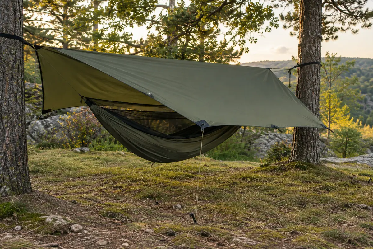 Bâche de camping vert olive tendue au-dessus d’un hamac dans une clairière, avec haubans et piquets visibles.