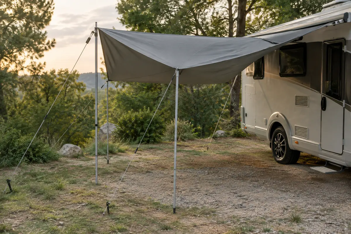 Voile d’ombrage grise fixée au rail d’un camping-car, soutenue par des mâts réglables sur un terrain de camping.