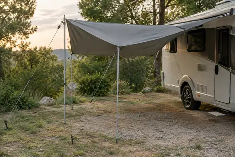 Voile d’ombrage grise fixée au rail d’un camping-car, soutenue par des mâts réglables sur un terrain de camping.
