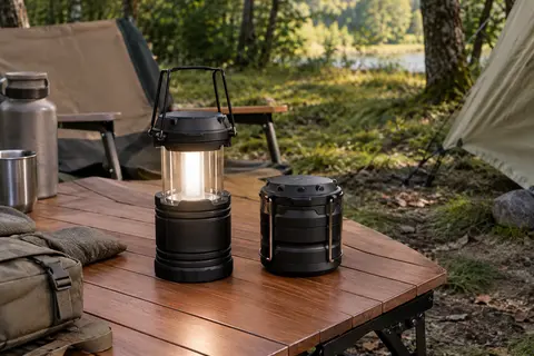 Deux lanternes de camping noires, l’une déployée et allumée, l’autre repliée sur une table en plein air