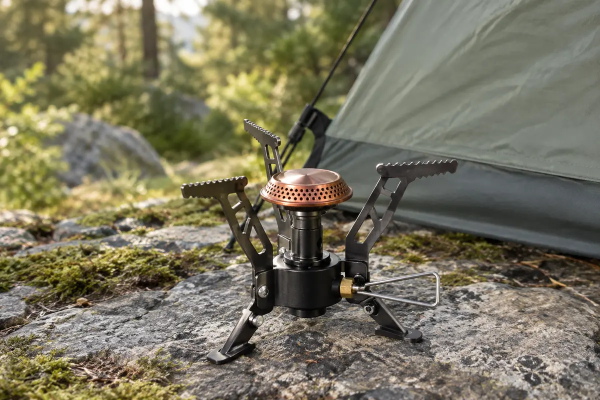 Réchaud de camping pliable noir à trois supports, posé sur un sol minéral près d’une toile.