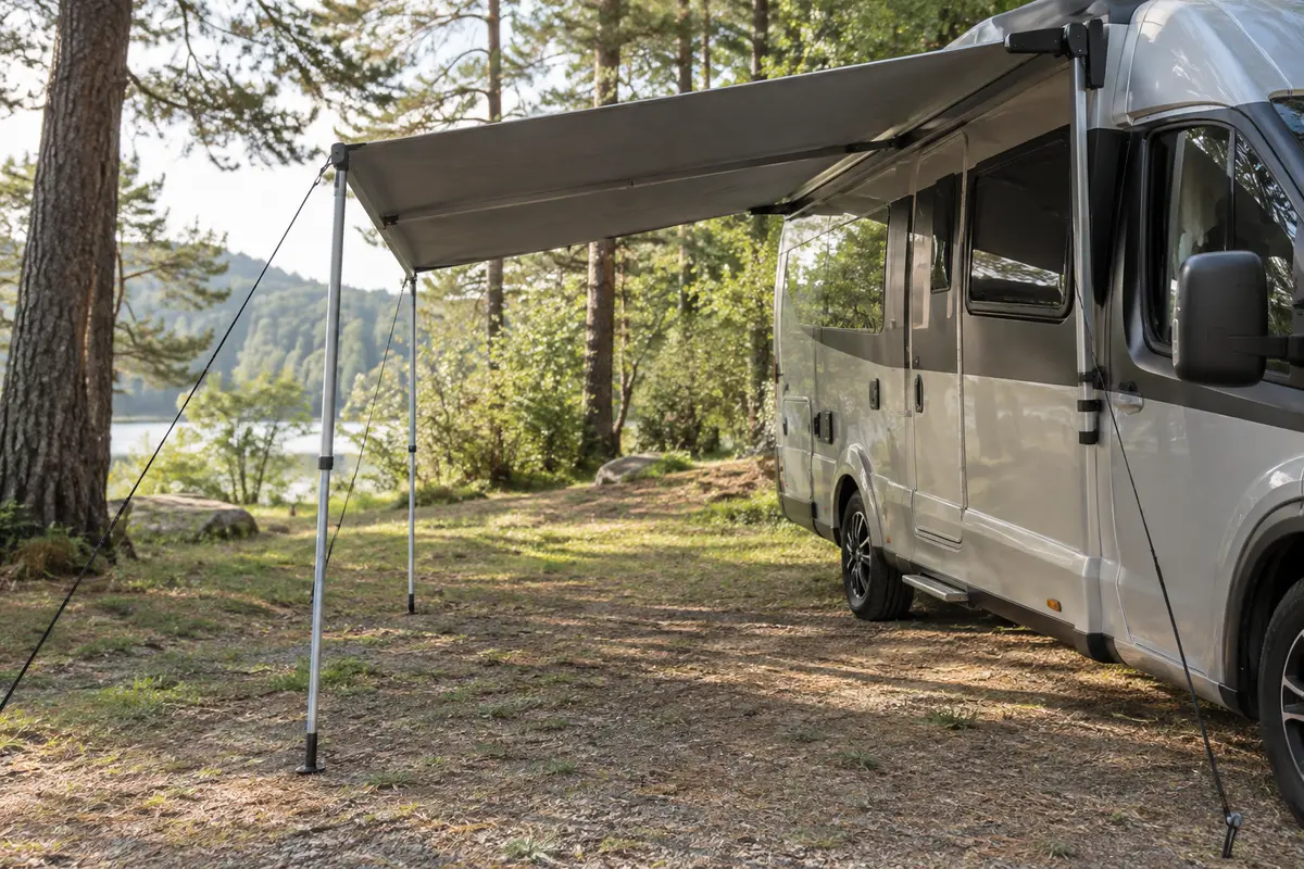 Auvent de camping gris fixé à un véhicule, avec toile tendue, mâts télescopiques et haubans