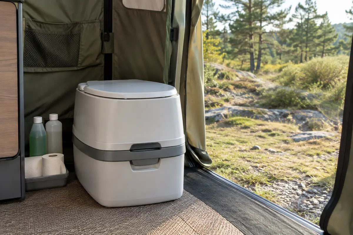 WC chimique portable avec chasse intégrée, réservoir amovible et kit de démarrage installé dans un espace de camping.