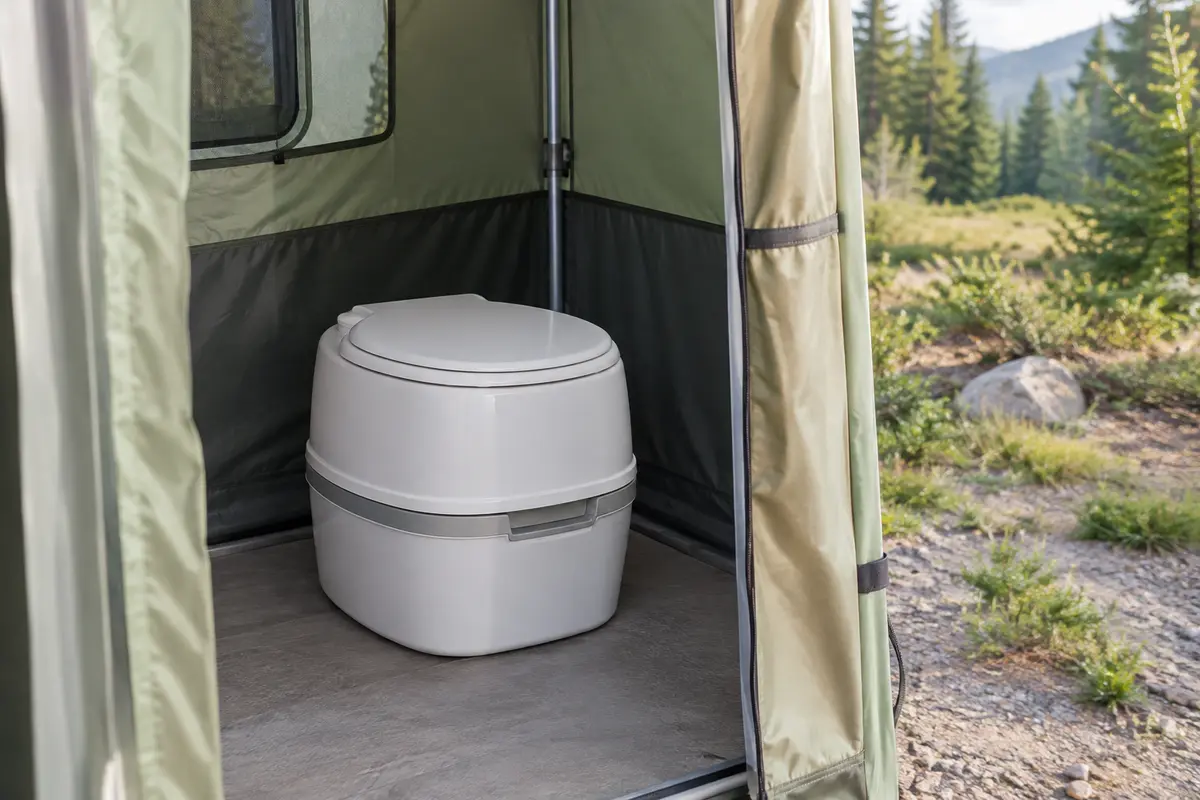 WC chimique portable blanc installé dans un abri de camping sobre, couvercle fermé et réservoir amovible.