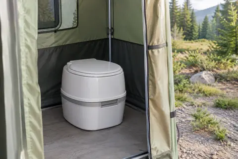 WC chimique portable blanc installé dans un abri de camping sobre, couvercle fermé et réservoir amovible.