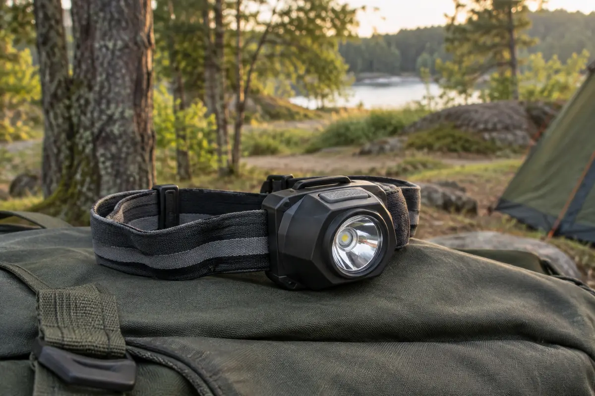 Lampe frontale LED en plastique à tête pivotante posée sur une toile dans un décor de camping en sous-bois.
