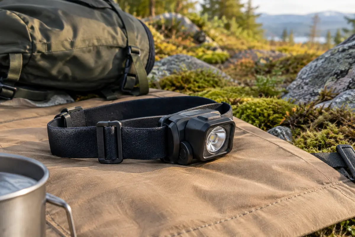 Lampe frontale noire en plastique posée sur une toile de camping sable dans une clairière