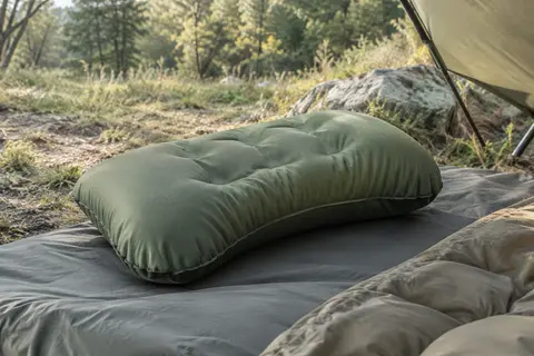 Oreiller gonflable vert au motif matelassé posé sur un couchage de camping dans une clairière