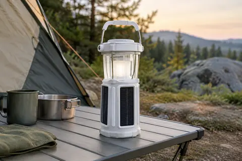 Lanterne de camping blanche pliable avec poignée et panneaux solaires, posée sur une table en clairière