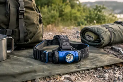 Lampe frontale bleue à bandeau réglable posée sur du matériel de camping dans une clairière