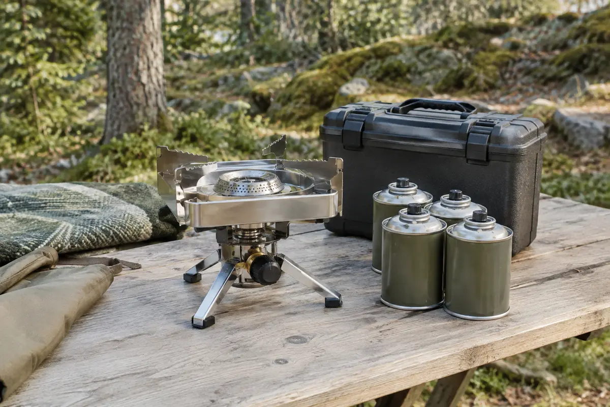 Réchaud à gaz Evocamp en acier inoxydable avec quatre cartouches et mallette, posé sur un campement.