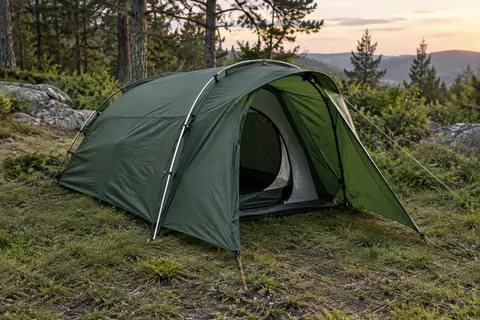 Tente de camping vert foncé pour deux personnes montée dans une clairière, avec arceaux et vestibule visibles.