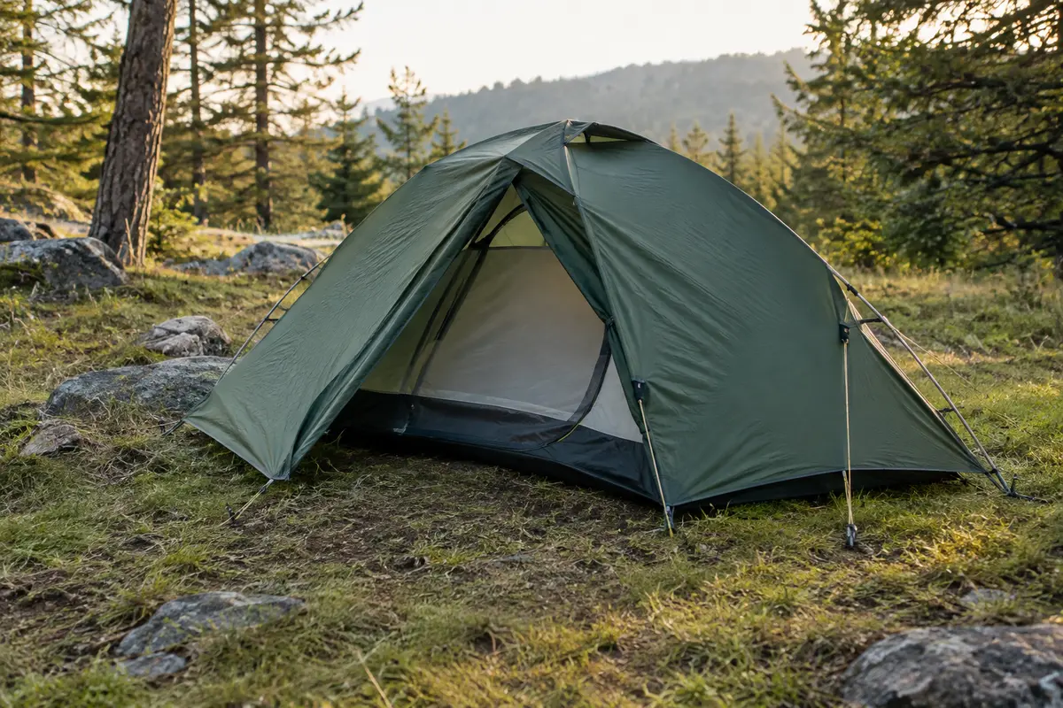 Tente de camping solo vert profond montée dans une clairière, avec sa toile extérieure et ses lignes de haubanage visibles.