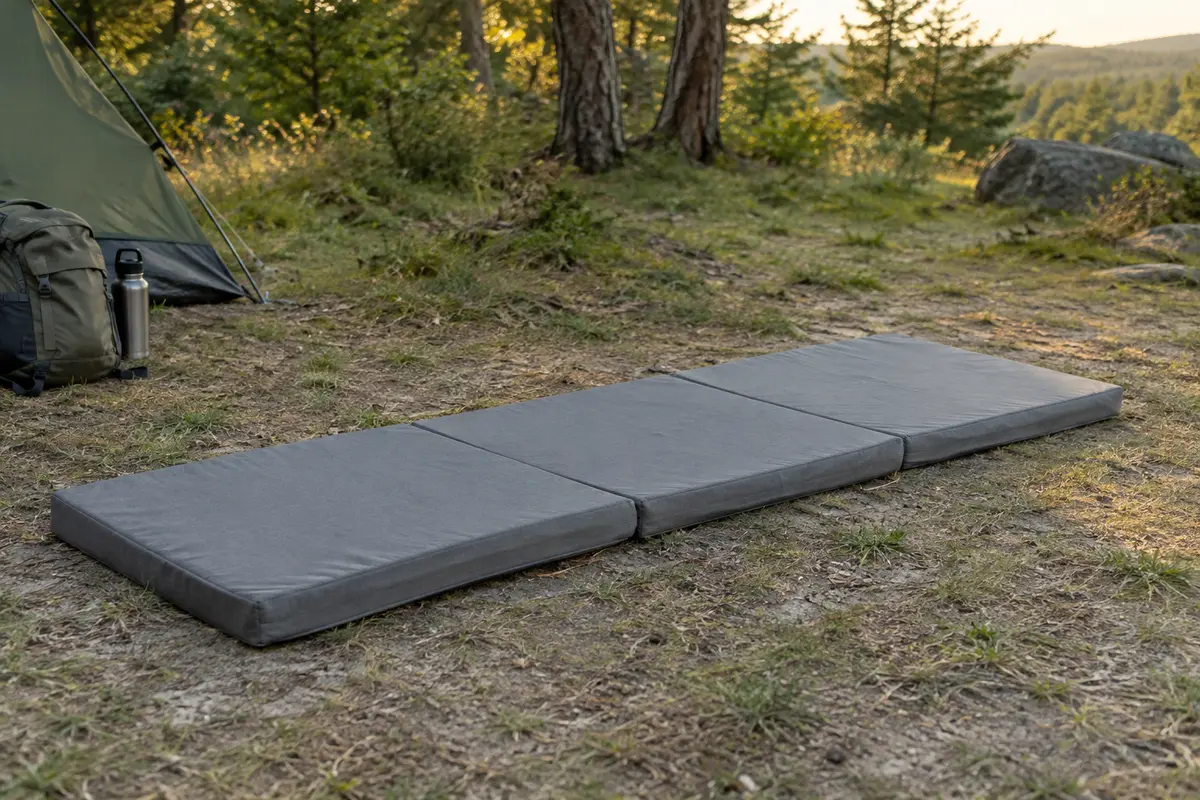 Matelas pliant gris en trois parties installé au sol dans une clairière de camping