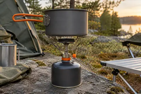 Réchaud à gaz compact aux détails orange installé en plein air avec une petite casserole sur ses supports.