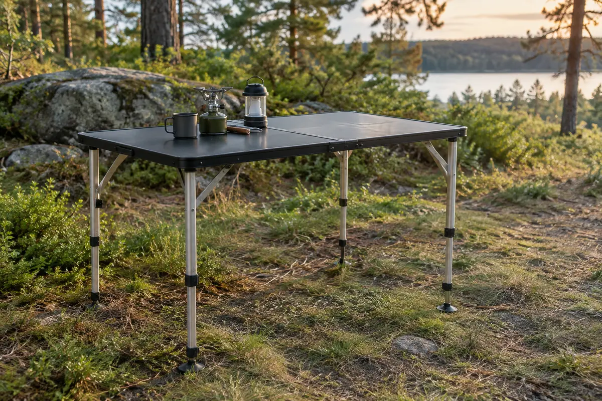 Table de camping pliante noire à plateau rectangulaire, installée dans une clairière sur un terrain naturel.