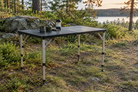 Table de camping pliante noire à plateau rectangulaire, installée dans une clairière sur un terrain naturel.