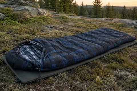 Sac de couchage rectangulaire noir à carreaux bleus ouvert dans une clairière de camping