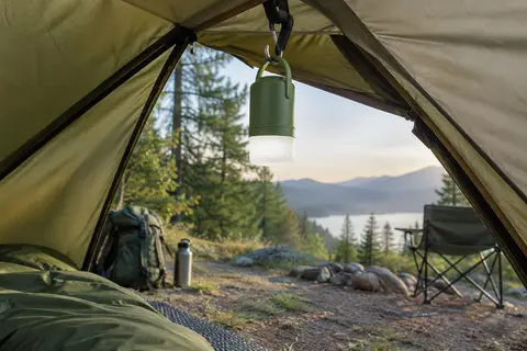 Lanterne de camping verte suspendue dans une tente ouverte au milieu d’une clairière