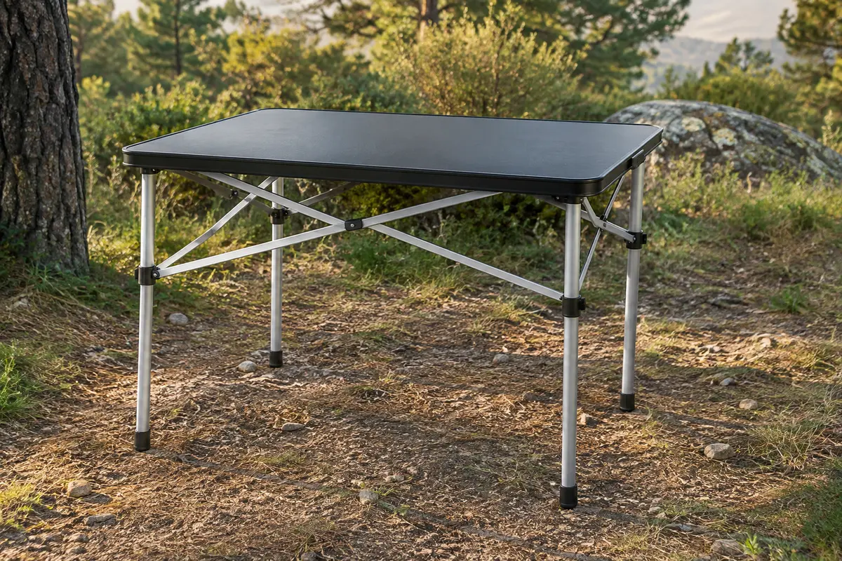 Table de camping noire à plateau monobloc et pieds repliables en aluminium dans une clairière