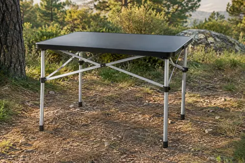 Table de camping noire à plateau monobloc et pieds repliables en aluminium dans une clairière