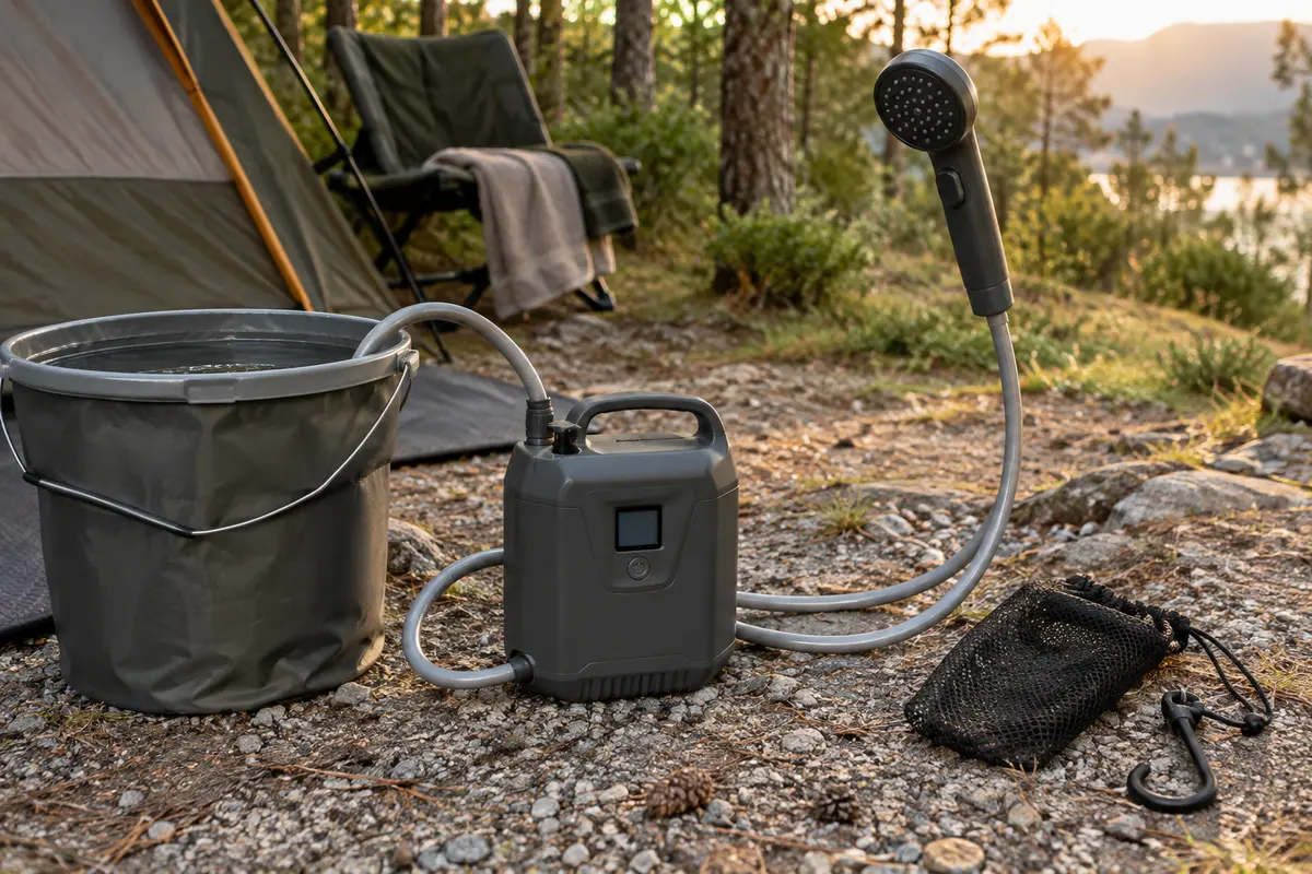 Douche de camping électrique avec pompe, tuyau et pommeau près d’un seau sur un emplacement extérieur