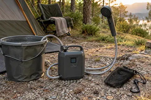 Douche de camping électrique avec pompe, tuyau et pommeau près d’un seau sur un emplacement extérieur