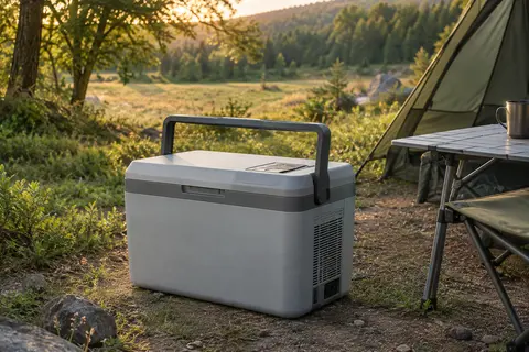 Glacière électrique grise Igloo avec poignée relevée, posée sur un terrain de camping en clairière.