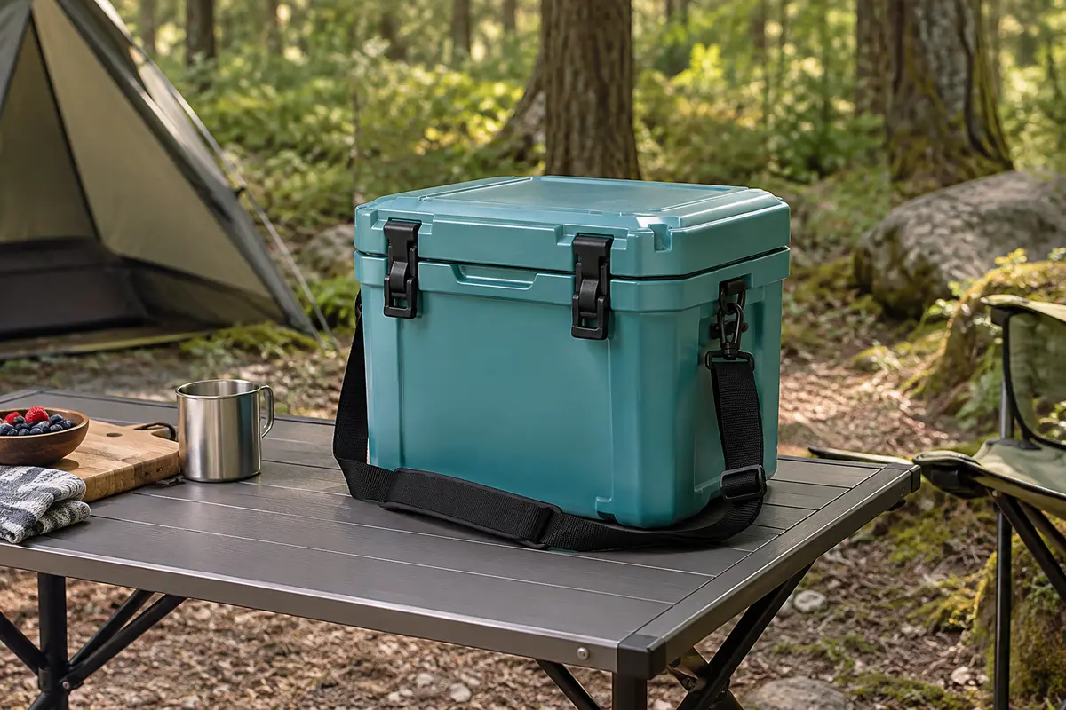 Glacière rigide couleur lagune avec sangle réglable posée sur une table de camping en sous-bois.