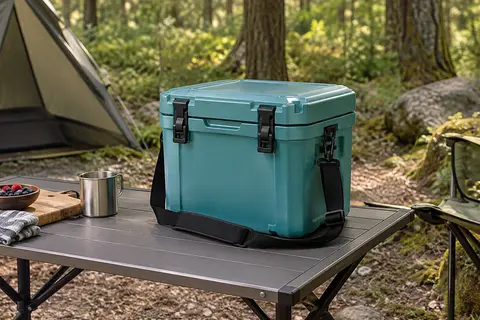 Glacière rigide couleur lagune avec sangle réglable posée sur une table de camping en sous-bois.