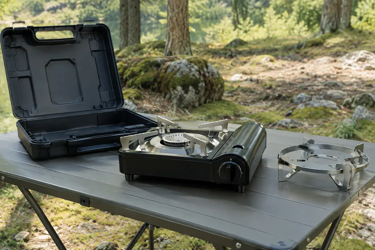 Réchaud à gaz portable noir à un feu posé sur une table de camping, avec sa mallette de transport