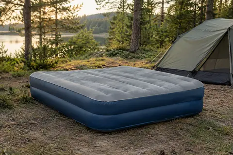 Matelas gonflable Intex gris et bleu installé au sol dans une clairière de camping.