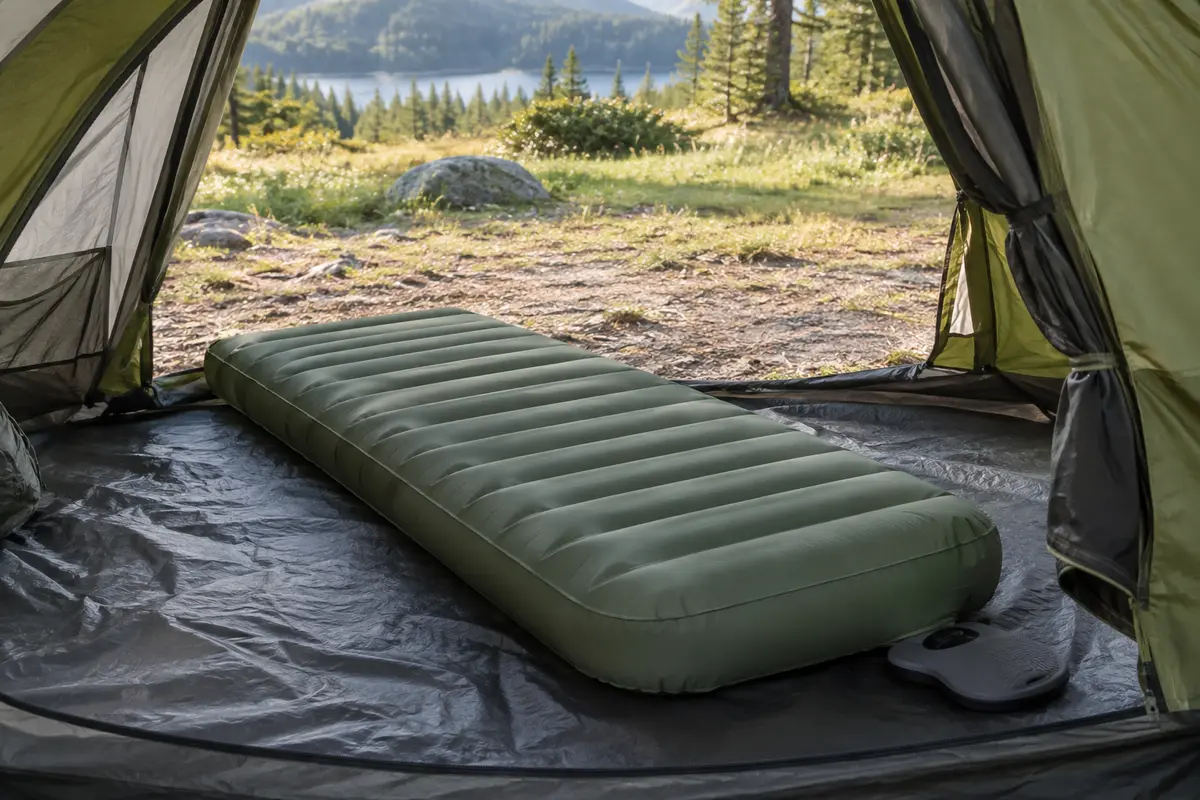 Matelas gonflable vert une place installé dans une tente ouverte sur une clairière, avec gonfleur à pied intégré