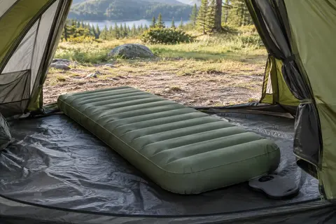Matelas gonflable vert une place installé dans une tente ouverte sur une clairière, avec gonfleur à pied intégré