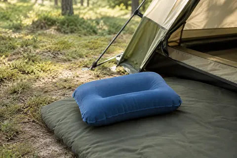 Oreiller gonflable bleu à surface floquée posé sur un couchage de camping devant une tente