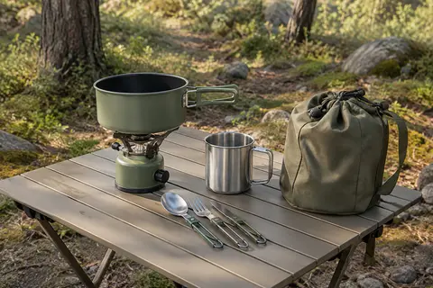 Popote de camping verte avec tasse en inox, couverts pliables et sac de rangement dans une clairière