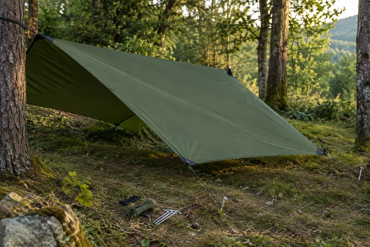 Bâche de camping verte montée en abri dans une clairière, avec cordes et piquets en aluminium.