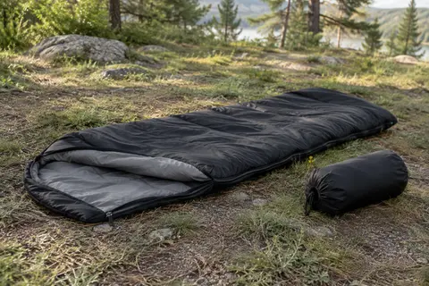 Sac de couchage rectangulaire noir déplié dans une clairière, avec sa housse compacte posée à côté.