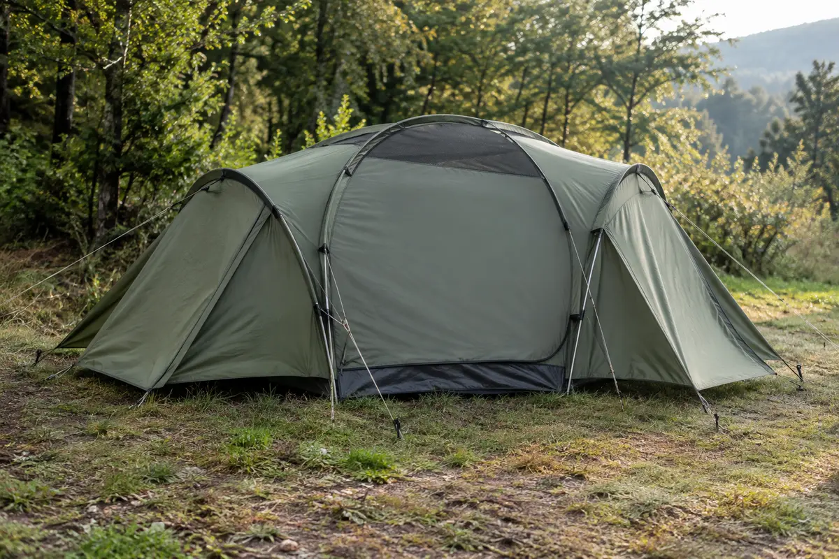 Tente verte deux places installée en clairière, avec ses vestibules, ses cordes de tension et ses arceaux visibles.