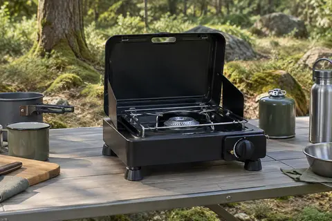 Réchaud à gaz noir à un feu posé sur une table de camping, avec grille supérieure et couvercle amovible.