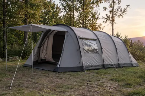 Tente tunnel familiale grise avec auvent d’entrée installée sur un emplacement de camping en clairière